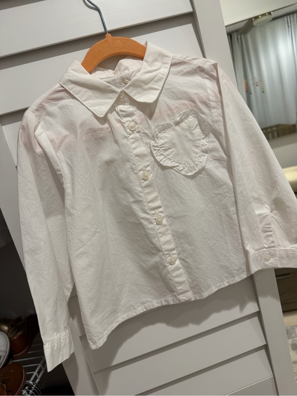 Zara White Long-Sleeve Button Down Shirt with Heart Pocket